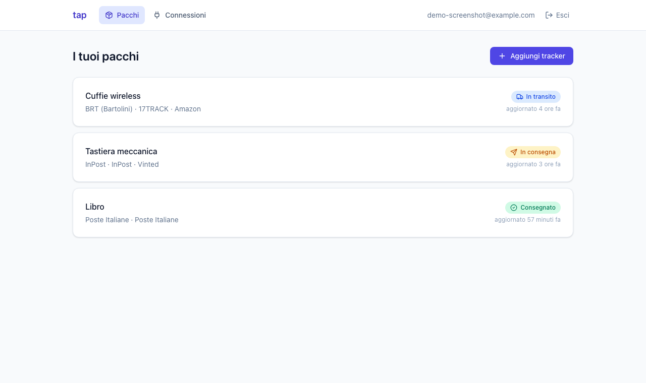 tap package list, showing three tracked parcels with different carriers and statuses